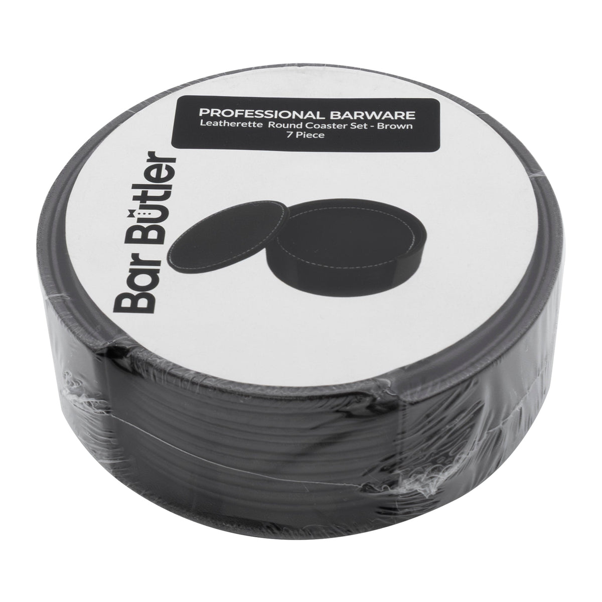 BAR BUTLER ROUND LEATHERETTE COASTERS IN HOLDER 7PCS SET