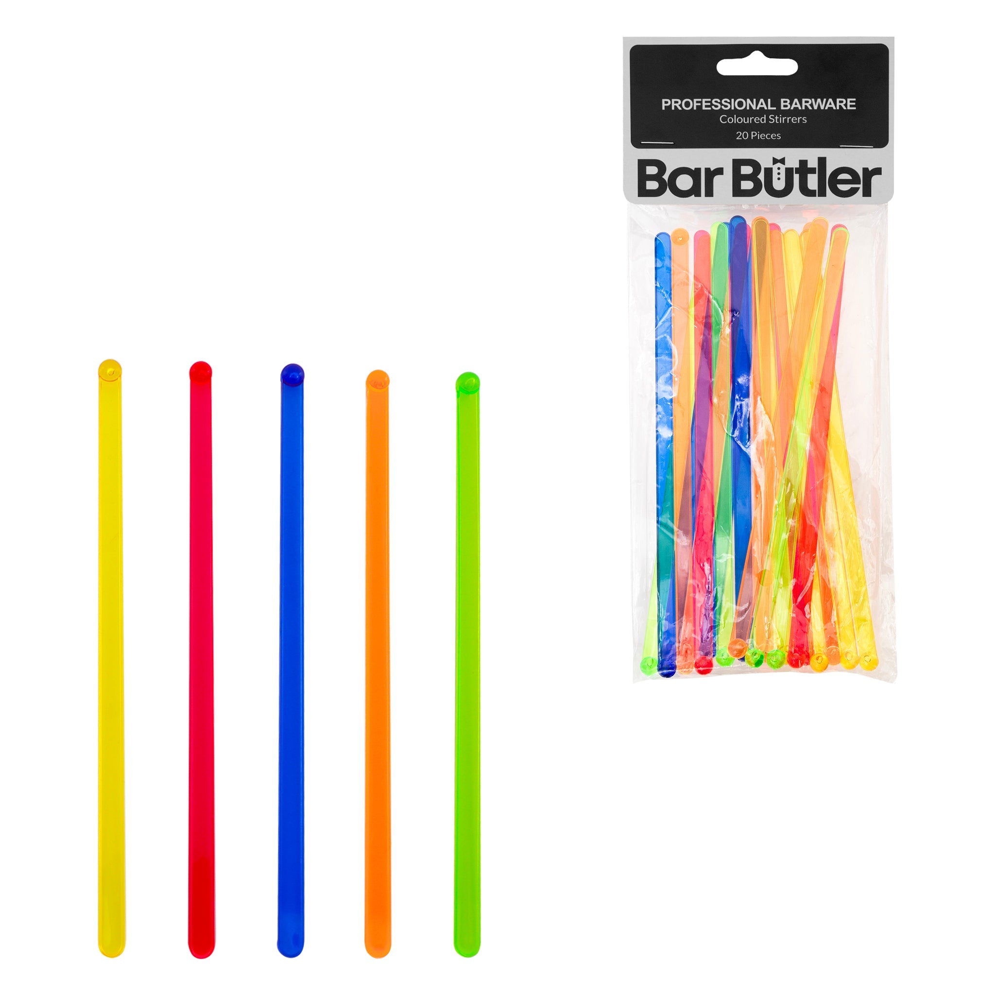 BAR BUTLER COLOURED PLASTIC STIRRERS 20PK, 165MM